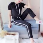 Set: Hooded Short-sleeve Cropped T-shirt + Striped Sports Pants