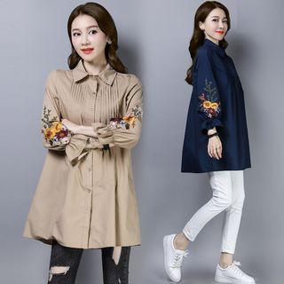 Long-sleeve Frill Trim Embroidered Flower Shirt