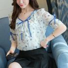 V-neck Printed Ruffle Trim Elbow-sleeve Blouse