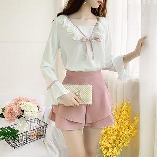 Set: Ruffled Bow Blouse + Wide Leg Shorts