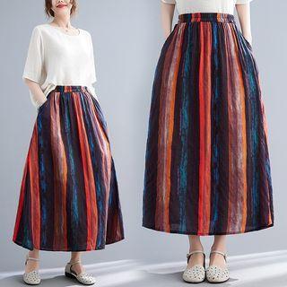 Striped Midi A-line Skirt Dark Blue & Orange - One Size