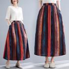 Striped Midi A-line Skirt Dark Blue & Orange - One Size