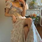 Square-neck Slit Floral Maxi Dress