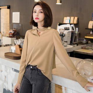 Plain V-neck Choker Chiffon Blouse