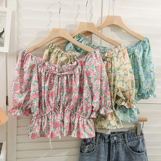 Floral Off Shoulder Lace-up Blouse
