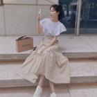 Flutter Sleeve Crew Neck Two Tone Midi Mock Two Piece Dress