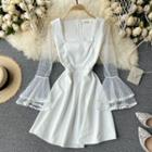 Square-neck Panel Mesh Bell-sleeve Dress