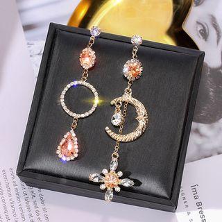 Asymmetric Rhinestone Dangle Earring 1 Pair - 925 Silver Stud - Star & Moon - Gold - One Size