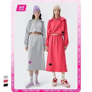 Details Drawstring-hem Cropped Cloak Hoodie / Side-slit Midi Skirt