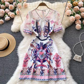 V-neck Lace Panel Print Short-sleeve Dress