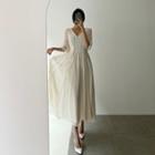 V-neck 3/4-sleeve Midi A-line Lace Dress