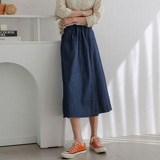 Drawstring Denim Wrap Culottes Dark Blue - One Size