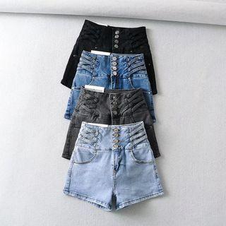 High Waist Cross Strap Button-up Denim Shorts