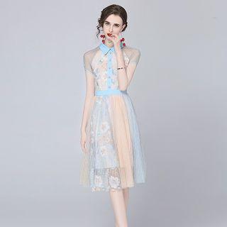 Short Sleeve Mesh Panel Collared A-line Dress