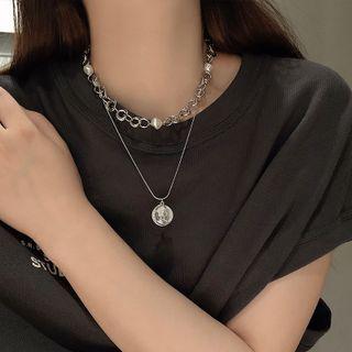 Coin Pendant Double Layer Choker Necklace Silver - One Size