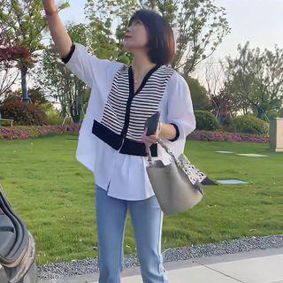 Mock Two-piece Puff-sleeve Striped Blouse