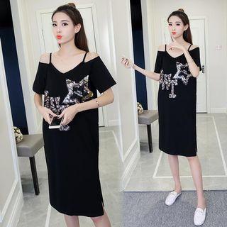 Short-sleeve Cold-shoulder Sequin T-shirt Dress