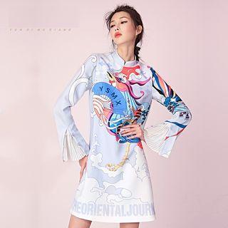 Print Stand-collar Long-sleeve Dress