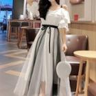 Set: Elbow-sleeve Ruffled Cold Shoulder Top + Mesh A-line Maxi Skirt
