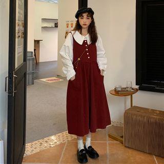 Peter Pan Collar Shirt + Buttoned Pinafore Dress