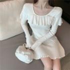 Ruffle Trim Mini A-line Knit Dress White - One Size