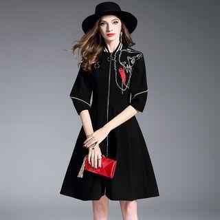 3/4-sleeve Embroidered Zip A-line Dress