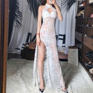 Halter-neck Paneled Midi Lace Sheath Dress