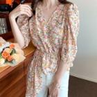 V-neck Floral Asymmetrical Hem Blouse