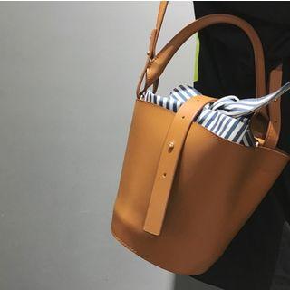 Striped Canvas Panel Faux Leather Bucket Bag