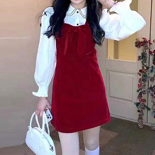 Frill Trim Shirt / Bow Mini A-line Overall Dress