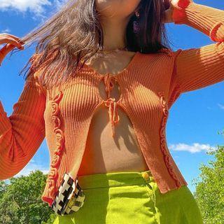 Plain Open-front Long-sleeve Knit Camisole Top