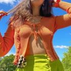 Plain Open-front Long-sleeve Knit Camisole Top