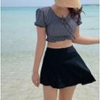 Set: Short-sleeve Check Tankini Top + Bottom + Skirt