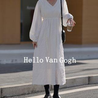 Long-sleeve V-neck Midi A-line Dress White - One Size