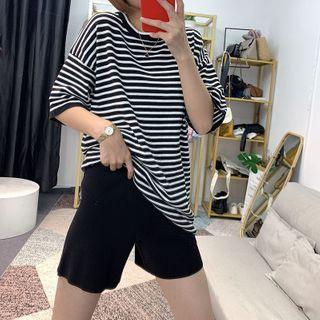 Set: Striped Short-sleeve Knit Top + Plain Shorts Set - Top - Stripe - Black & White - One Size / Short - Black - One Size
