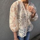 Embroidered V-neck Blouse Almond - One Size