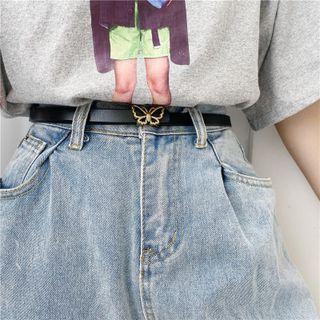 Butterfly Buckled Genuine Leather Belt Gold Butterfly Buckle - Black - One Size