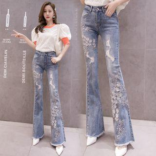 Flower Detail Distressed Boot-cut Jeans