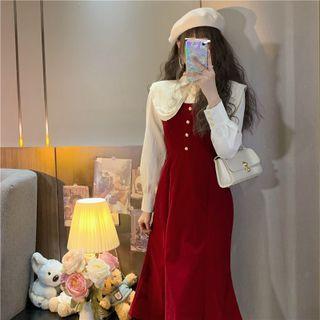 Plain Fish Tail Jumper Dress / Lapel Long-sleeve Shirt