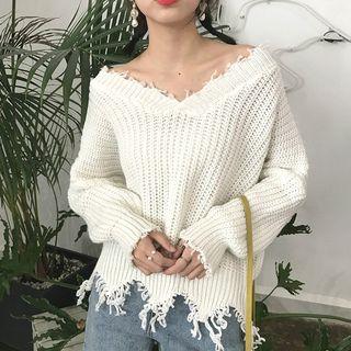 Plain V-neck Tasseled Cropped Sweater