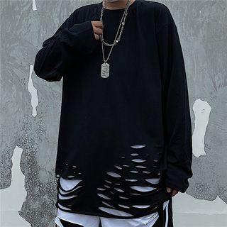 Long-sleeve Crew Neck Plain Distressed T-shirt