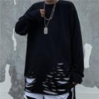 Long-sleeve Crew Neck Plain Distressed T-shirt