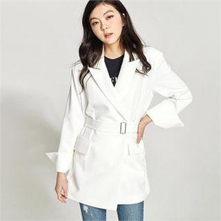 Peaked-lapel Open-front Long Jacket With Belt