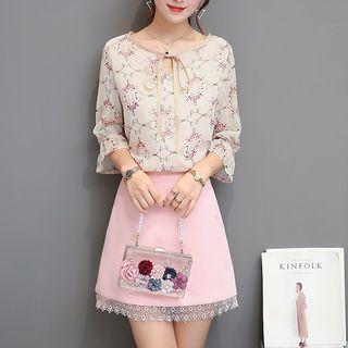 Set: Floral Print 3/4-sleeve Chiffon Blouse + A-line Skirt