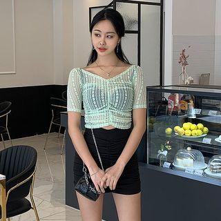 Shirred-front Laced Cropped Top