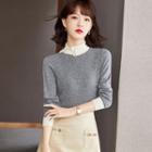 Collared Two-tone Knit Top Gray - One Size