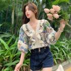 V-neck Ruffled Lace Panel Top