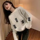 Snowflake Print Cable Knit Sweater White - One Size