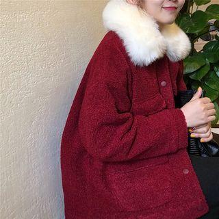 Faux Fur Trim Collared Button Jacket Red - One Size