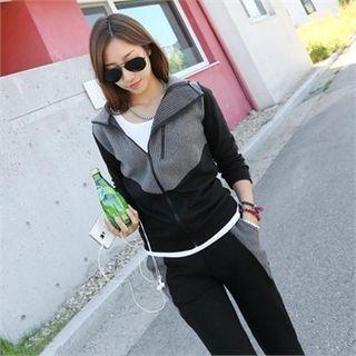 Set: Ribbed-panel Zip-up Hoodie + Sweatpants